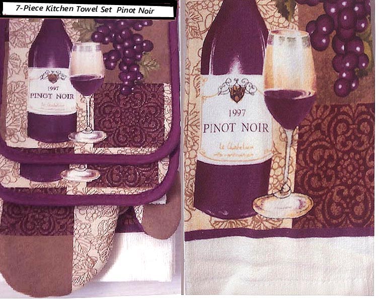 7 pc Cotton Kitchen Towel-Mitt-Potholder Set - Wine-Grape